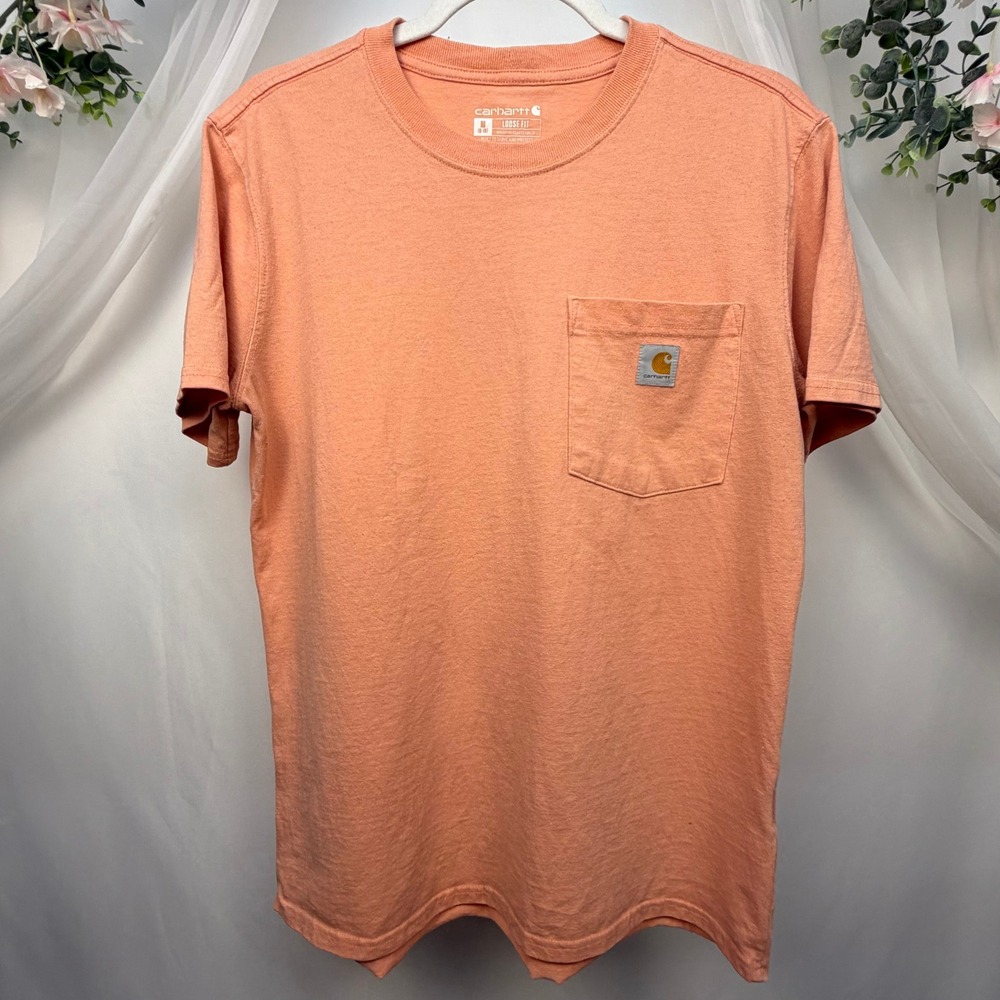 Carhartt Womens Loose Fit Pocket T-Shirt M 8-10 Peach Coral Raw Hem Short Sleeve